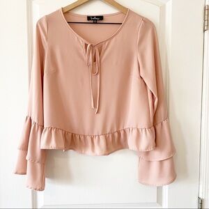 LULU’S Blush Ruffled Bell Sleeve Necktie Blouse